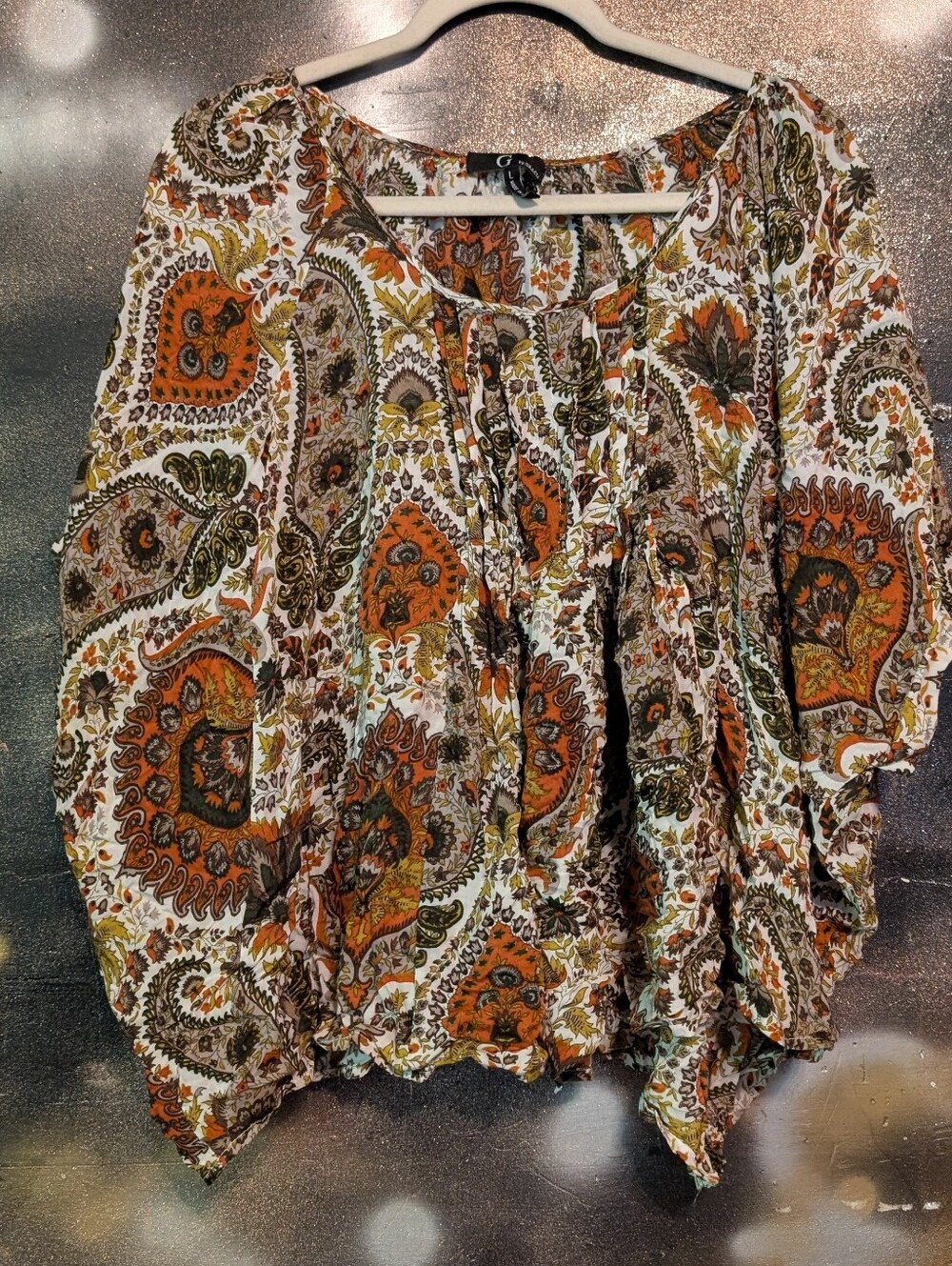 G by Guess Paisley Tunic Top - Orange, Olive & Cream